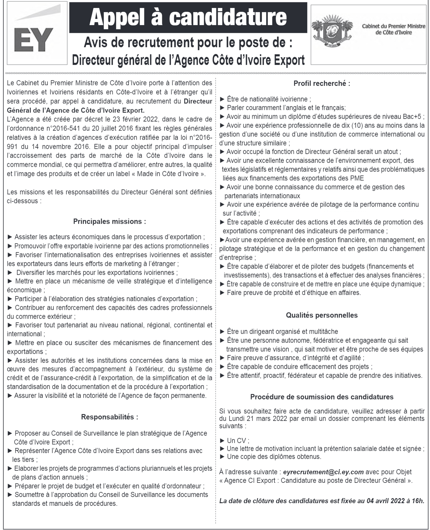 Recrutement de 01 Directeur général de l'Agence Côte d'Ivoire Export